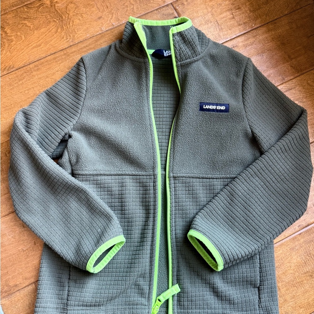 Lands' End Kids Olive Fleece Jacket with Neon Accents